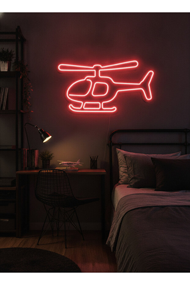 Helikopter Figürlü LED Neon Duvar Tablosu | Kırmızı Aydınlatmalı Dekor | Genç Odası