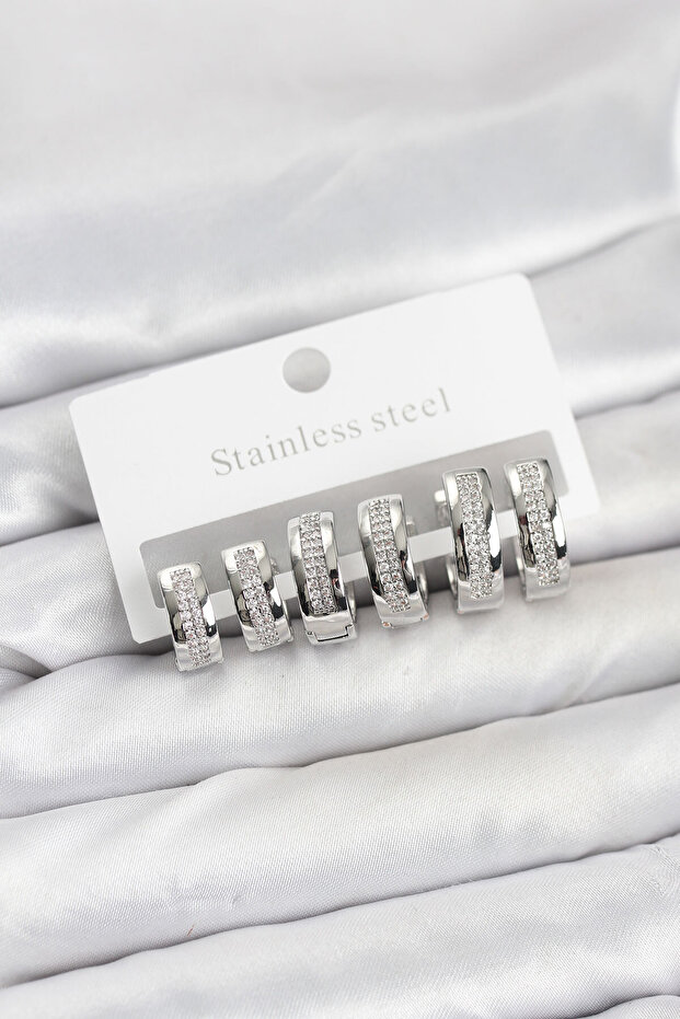 316L Steel Silver Color Zircon Stone Hoop Earrings Set