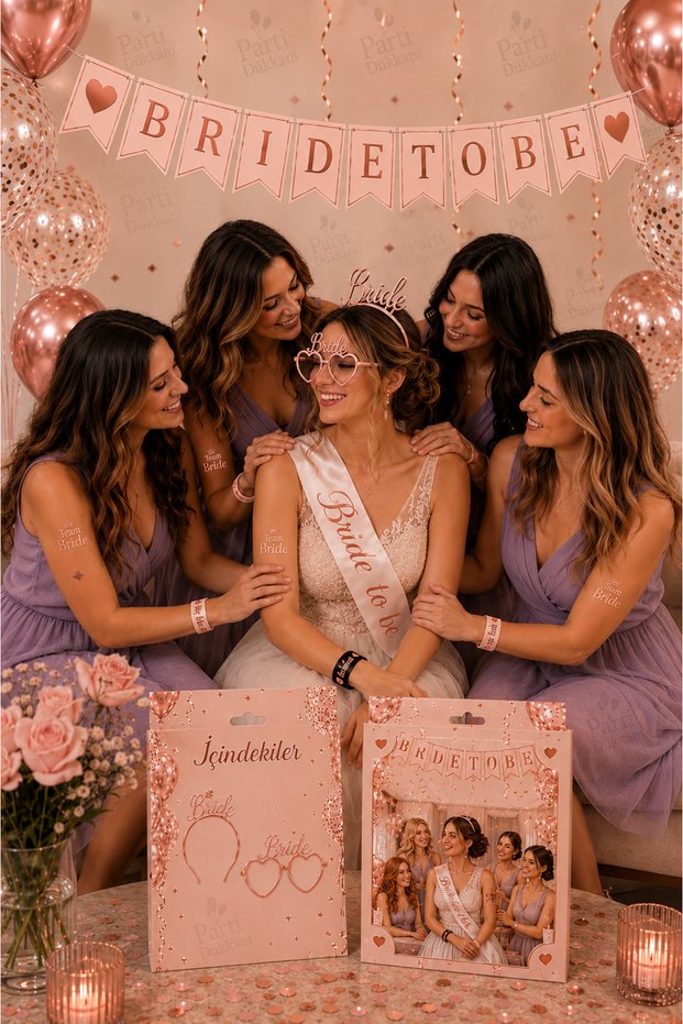 Boxed Rose Gold Bride to Be Party Set 19 Pieces | Bachelorette Decorations, Bride Crown, Bride Glasses, Bride Sash, Banner, Bride Bracelet, Team Bride Bracelet and Tattoo Set