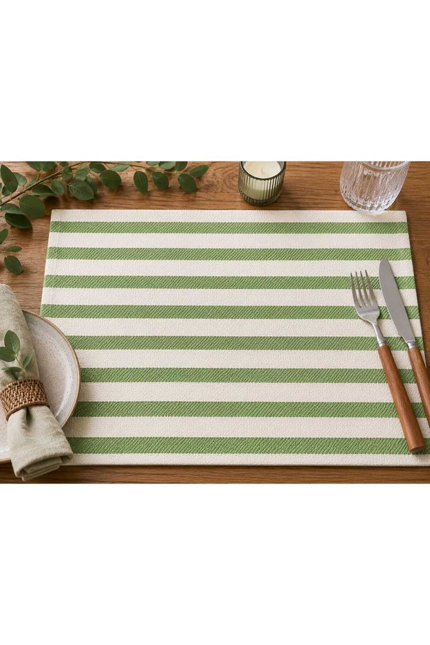 Striped Green 6-Piece Natural Linen Bohemian Vintage Cream Placemat
