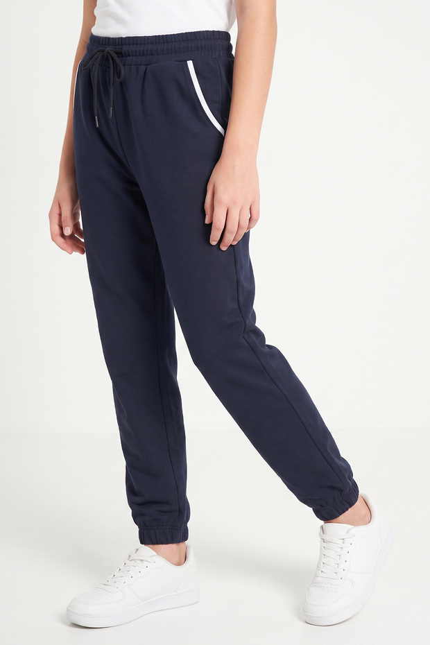 Girl's Pocket Piping Detailed Elastic Cuffed Straight Unprinted Sweatpants