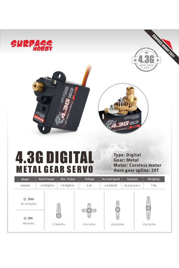 S0004M 4.3g Surpass Hobby 2g 3.7g 4.3g 6g 8g Micro Digital Mini Servo Metal and Plastic Gear for Rc