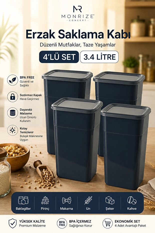 Set of 4 3.4 Liter Food Storage Containers | Bpa Free Kitchen Organizer with Airtight Lid, Storage Container for Legumes, Rice, and Pasta