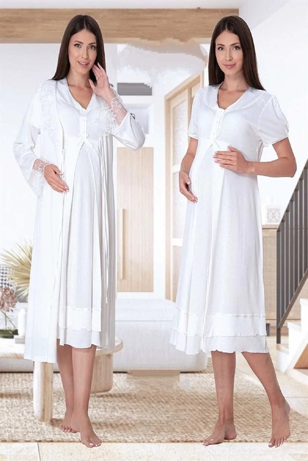 Dvina Maternity Lace Robe and Short Sleeve Nightgown - Set of 2 - Ecru