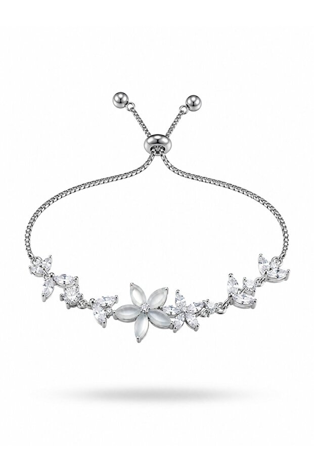 Silver Color Zircon Stone Brass Pearlescent Flower Model Elevator Bracelet