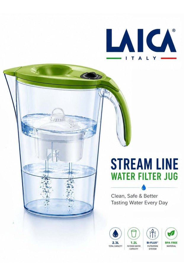 Water Filter Jug 2.3L Stream Line Fridge Door Pitcher with Bi-Flux Filtration Cartridge Quick Fill Lid Manual Indicator BPA Free Transparent Water Purifier Jug for Home Kitchen Drinking Water Cl