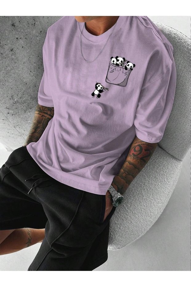 Men's Lilac Pandas Printed Oversize T-Shirt