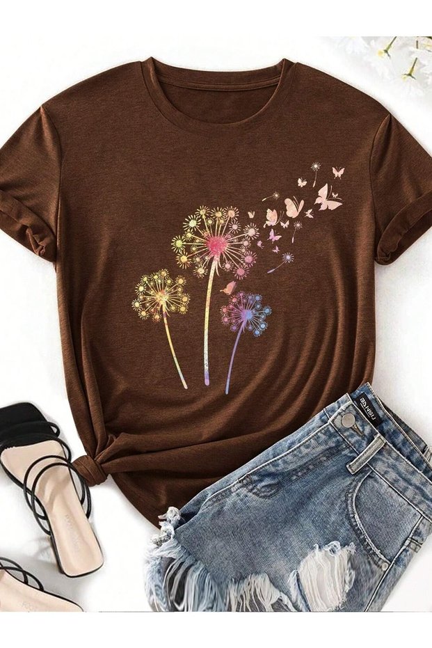 Women's Brown Dandelion Printed Oversize T-Shirt