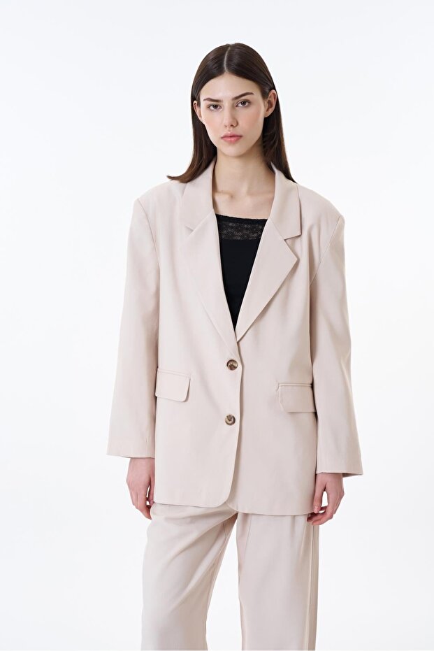 Women's Button Detailed Oversize Jacket Ckt00022 Stone
