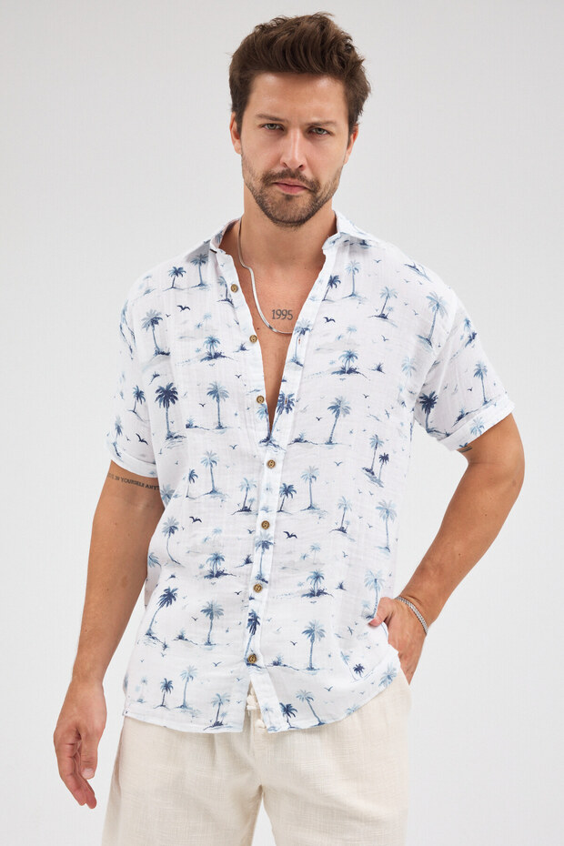 Men's Muslin Shirt - Tropical Patterned Shirt - 4160