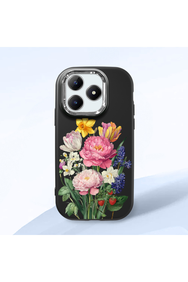 حافظة متوافقة مع هاتف Realme Note 60X، حافظة هاتف من السيليكون الأسود لحماية الكاميرا، مزينة بنمط الزهور