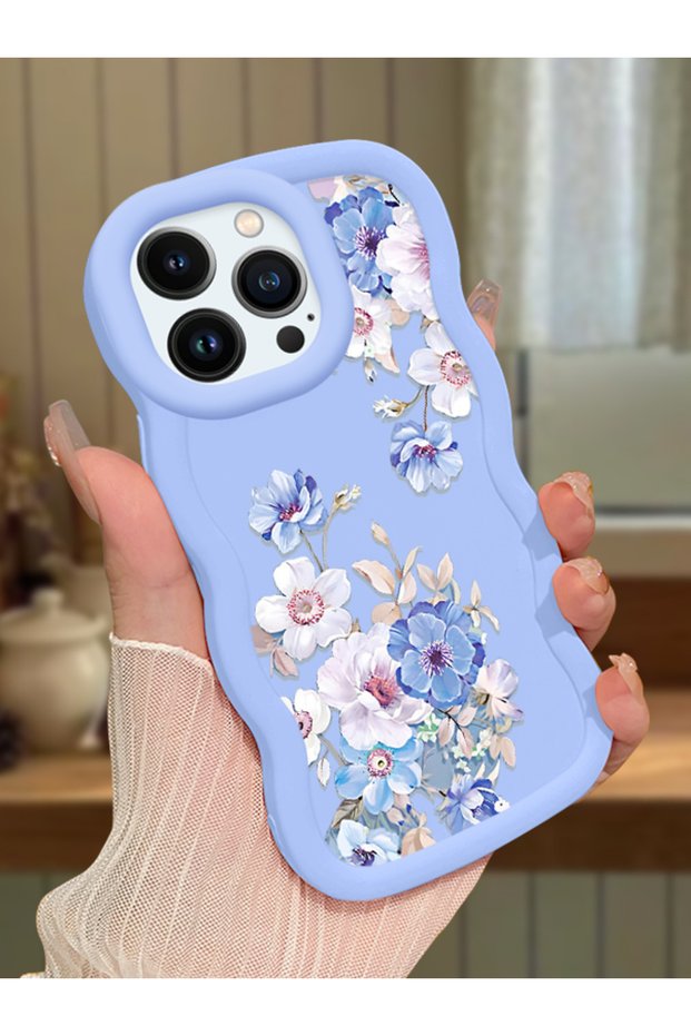 iPhone 13 Pro Max Compatible Case Camera Protector Blue Silicone Couple Phone Case Floral Pattern