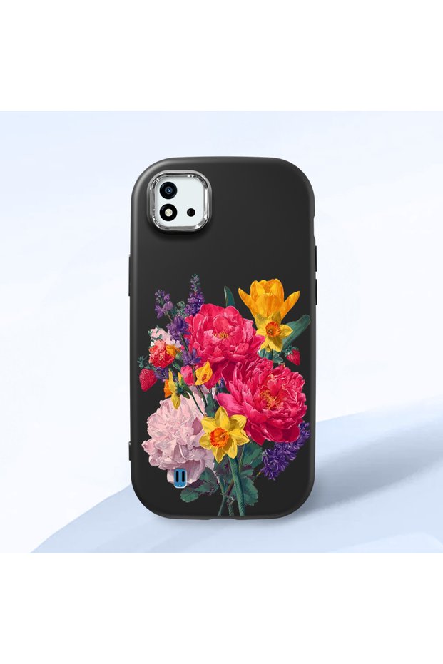 Realme C11 2021 Compatible Case Camera Protector Black Silicone Couple Phone Case with Floral Pattern