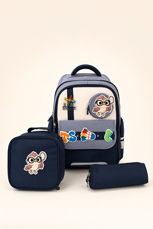 Ccs Kids Primary School School Bag Set of 3 Lunch Box Pencil Case Orthopedic Large Volume Navy Blue Gray