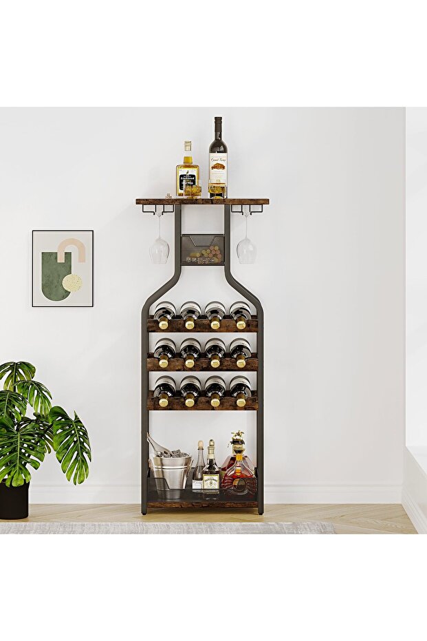 Rustic Freestanding Metal Wine Rack Table – Multi-Functional Bottle & Glass Holder Stand with Wood Countertop, Storage Shelves – Perfect for Home, Kitchen, Dining, Living Room – Compact Design