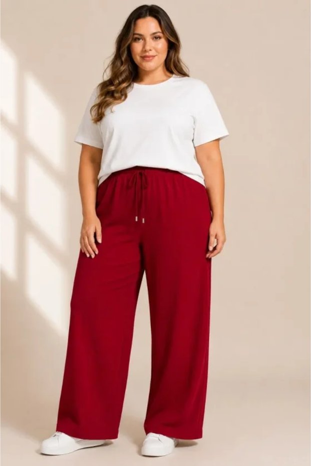 Battal Size Wrinkled Fabric Elastic Waist Lace-Up Wide Leg Palazzo Trousers - Burgundy