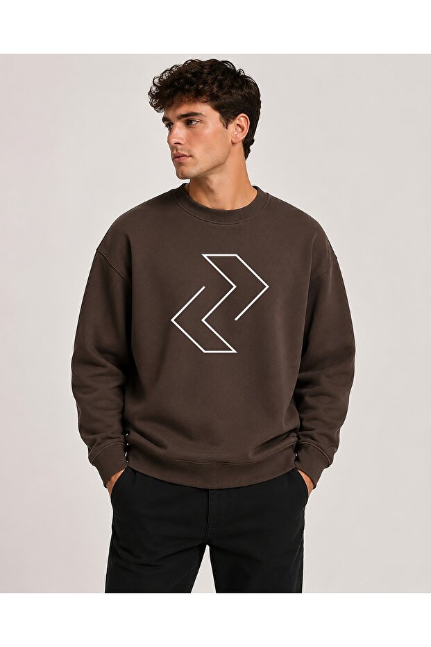 Directional Signs Pattern Printed Crew Neck Ribbed 2 Thread Sweatshirt