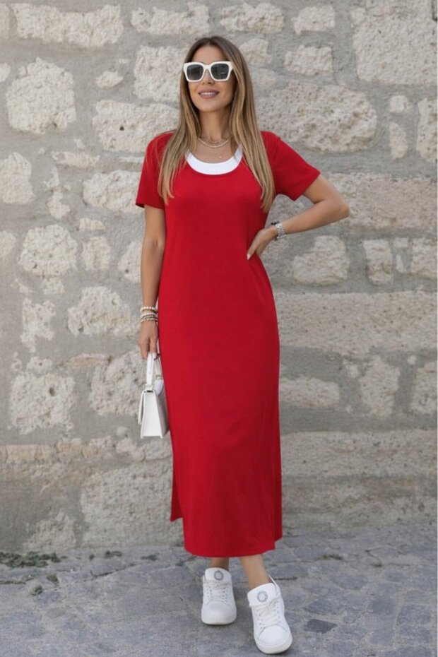 Women's Short Sleeve Athlete-Looking Side Slit Long Viscose Dress