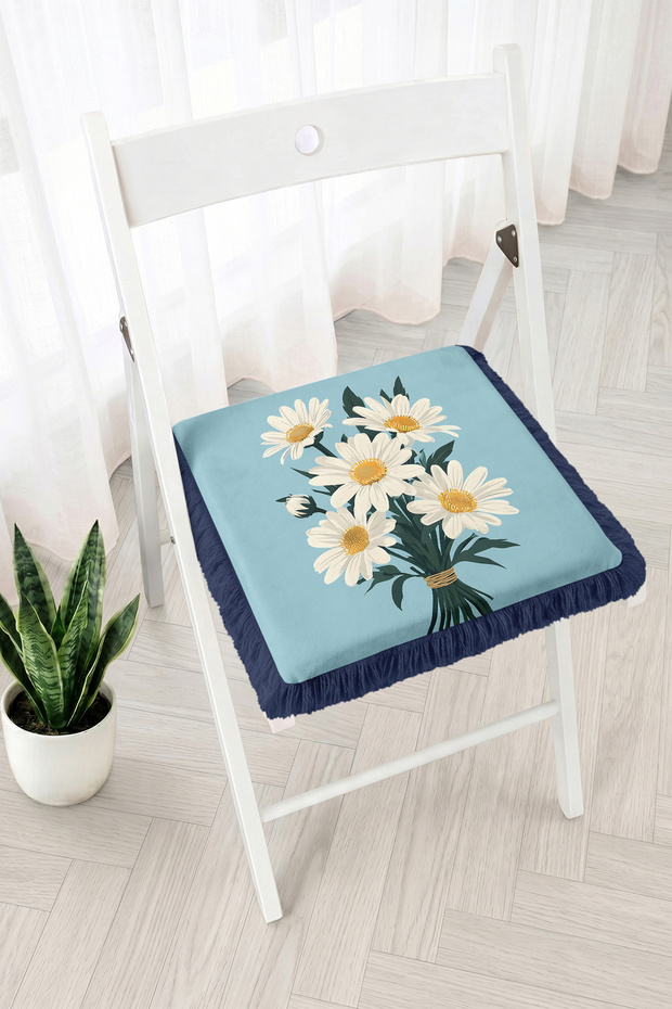 Daisy Bouquet Floral Patterned Fringed Zippered Chair Cushion - Tufted Kitchen and Balcony Decor
