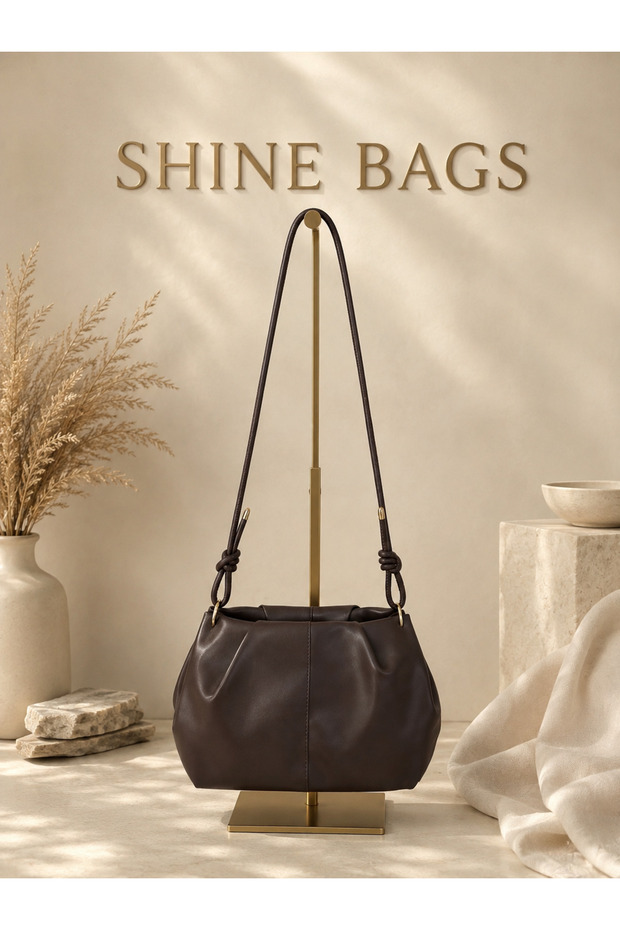 Soft Leather Drawstring Brown Women's Shoulder Bag with Adjustable Strap and Knot Detail, Zipper Closure
