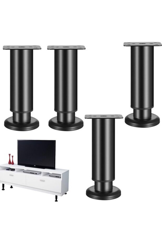 Four adjustable sofa legs, telescopic TV cabinet support columns, height increasers (6x18 cm, black).