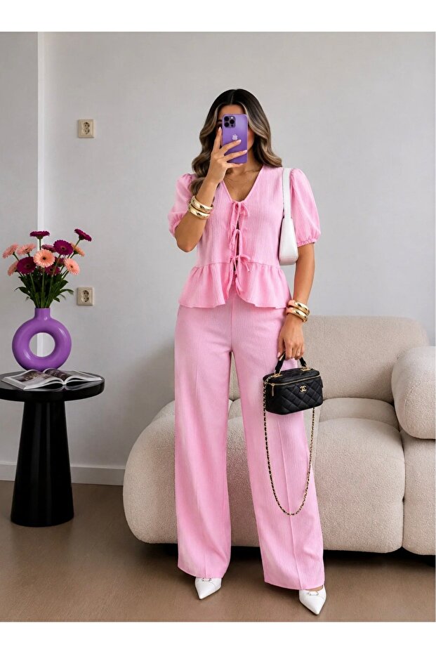Pink Gathered Lace-Up Blouse and Pants Set