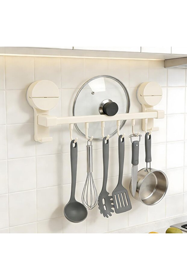 Kitchen hook rack with suction cups, 6 hooks, suitable for kitchen tools and utensils, 30cm (off-white).