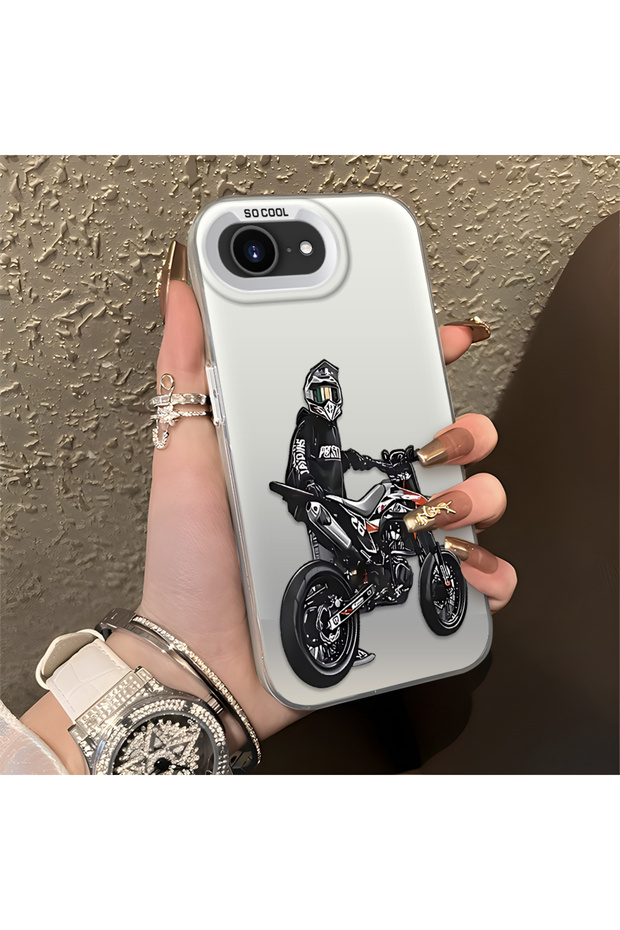 iPhone 16E Compatible Motorcycle Rider Drawing with Helmet Printed Men's Style Phone Protective Case