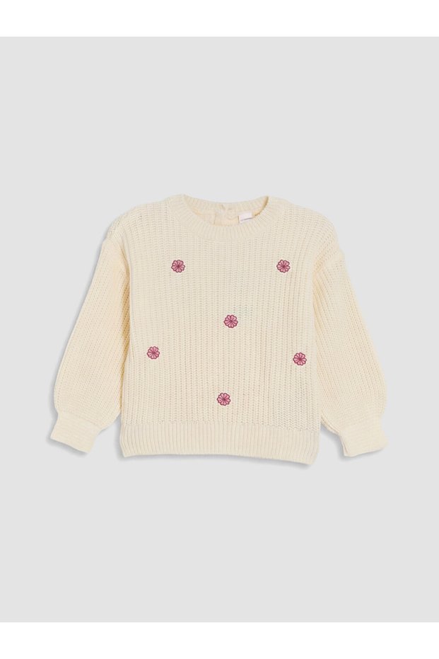 Ozmarka New Season White Crew Neck Embroidered Girls' Knit Sweater