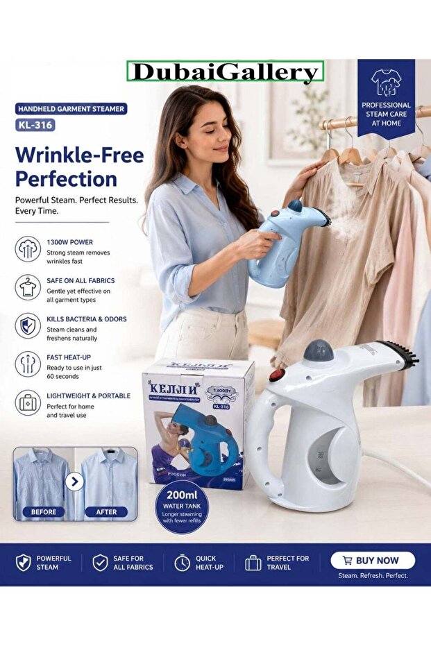 KL-316 garment steamer featuring powerful 1300W steam, a 200ml water tank, fast 60-second heat-up, fabric-safe performance, lightweight design, and convenient portability for home, office