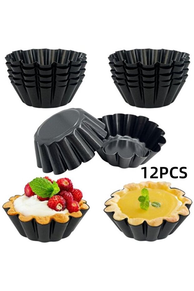12-Piece Non-Stick Egg Tart Molds, Small Tartlet Cutters & Baking Pan Set for Kitchen Pastry, Black, 6.5x6.5x2 cm