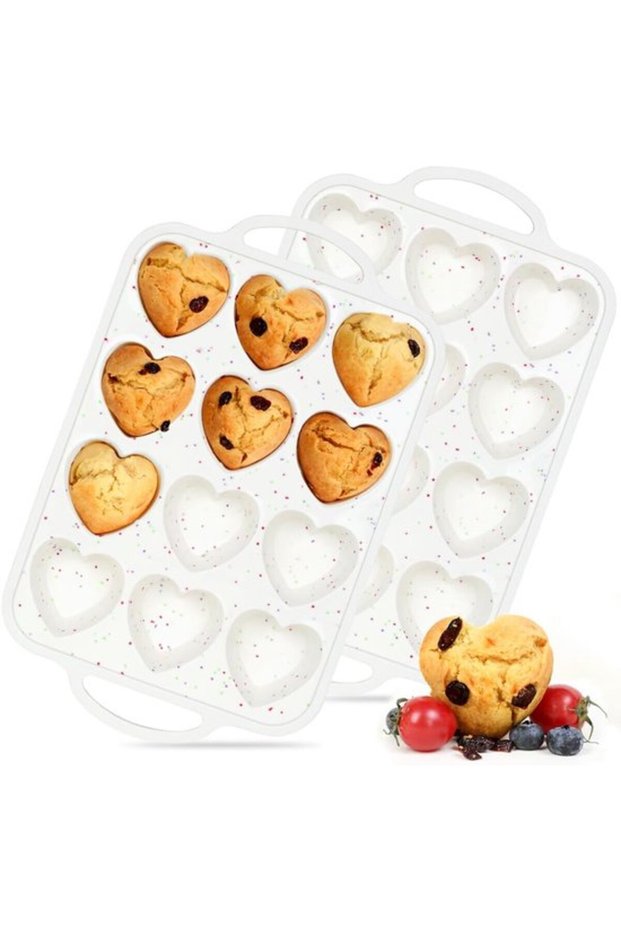 2-Piece Heart-Shaped Silicone Muffin Pan – 12 Cavities with Metal Reinforced Rim