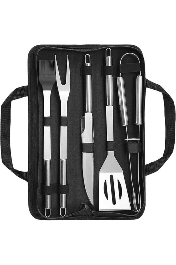 5-Piece Stainless Steel BBQ Tool Set, Portable Outdoor Grill Accessories with Storage Bag for Camping
