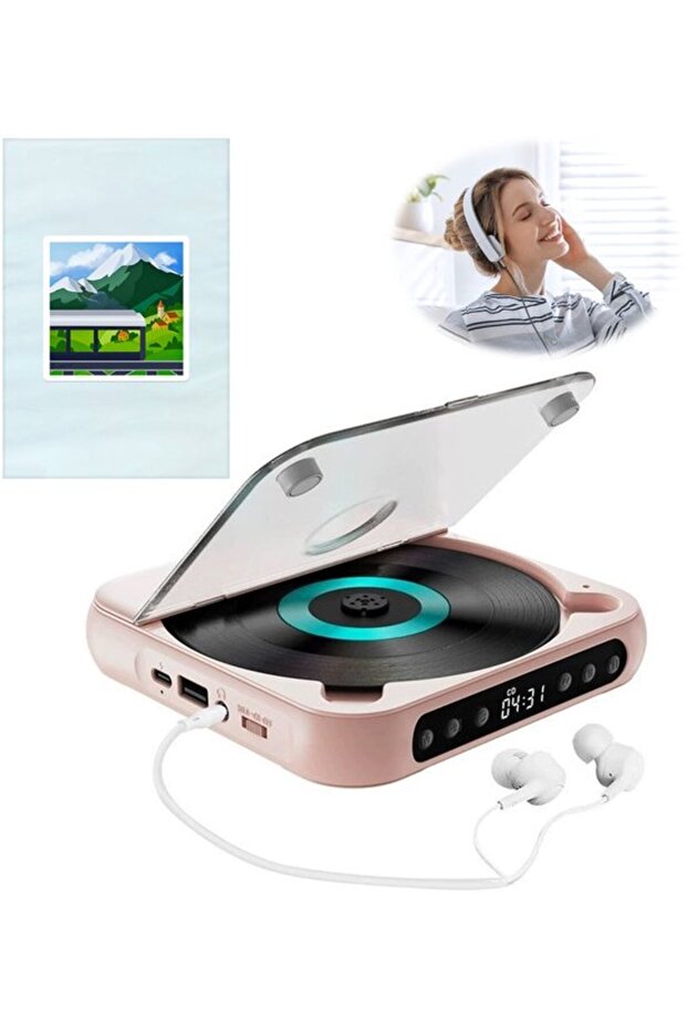 Portable Bluetooth CD player, lightweight 280g hi-fi music player with 2000mAh rechargeable battery, anti-shock, Pink