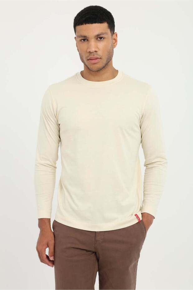 Beige Basic O-Neck Men's Long Sleeve T-Shirt