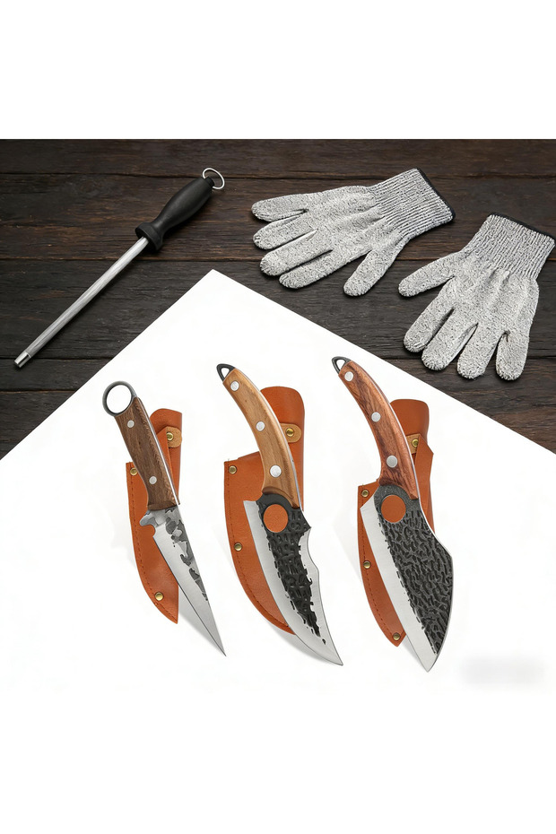 Kitchen Knife Set 5 Piece, Professional Chef Knife, Cleaver Knife and Utility Knife Set with Sharpener and Gloves for Home Cooking, Meal Prep, Kitchen Cooking and Chef Cooking, Ergonomic Grip