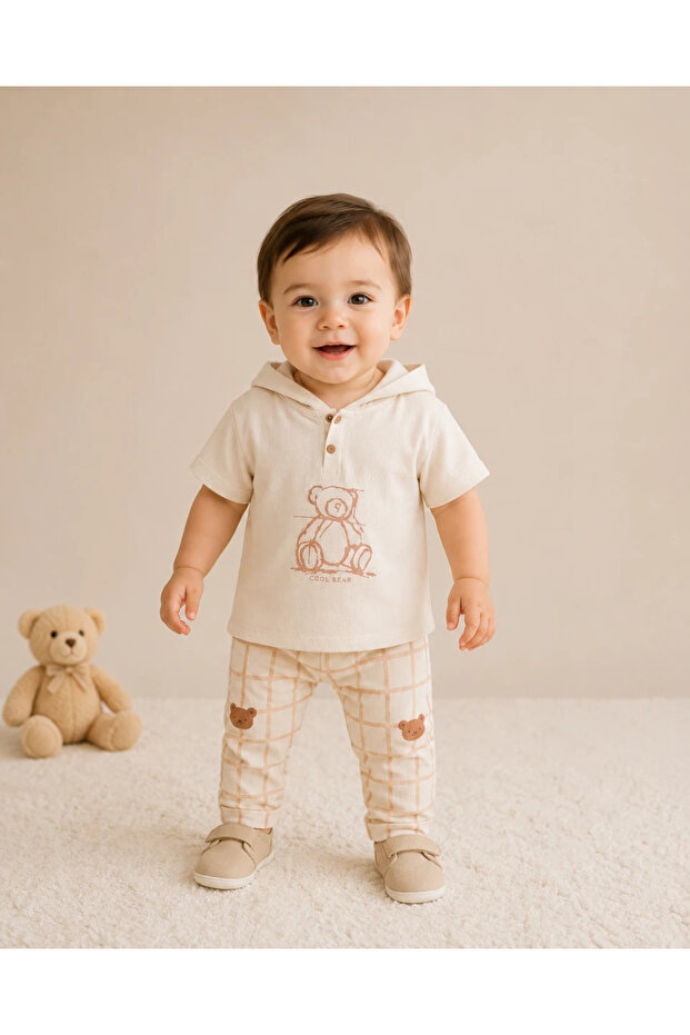 Cool Bear Square Pattern Hooded T-Shirt Pants Muslin Summer Baby Boy Set