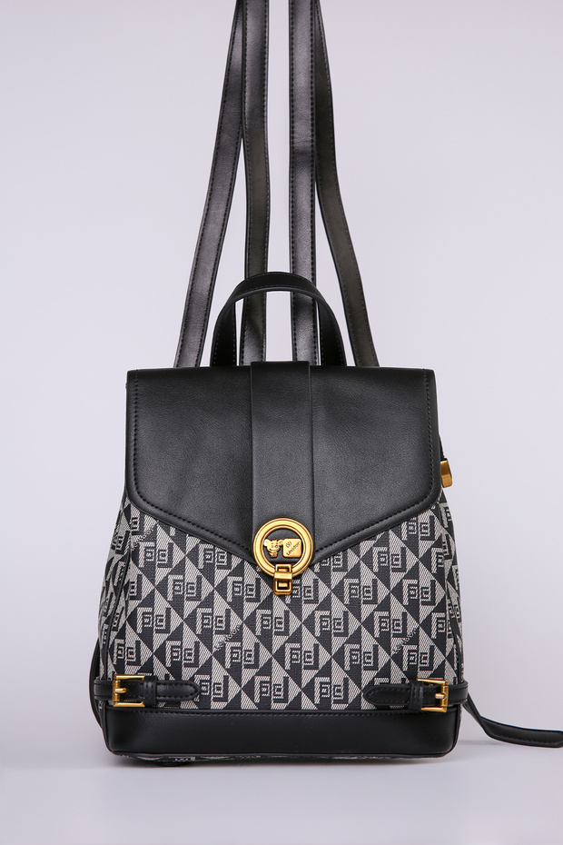 Stylish Design Women's Backpack with Logo and Belt Detail, Black