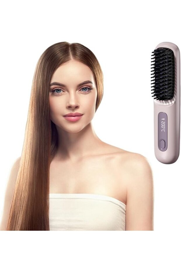 Purple Cordless Mini Hair Straightener Brush with LED Display, USB Rechargeable Fast Heating Styling Comb