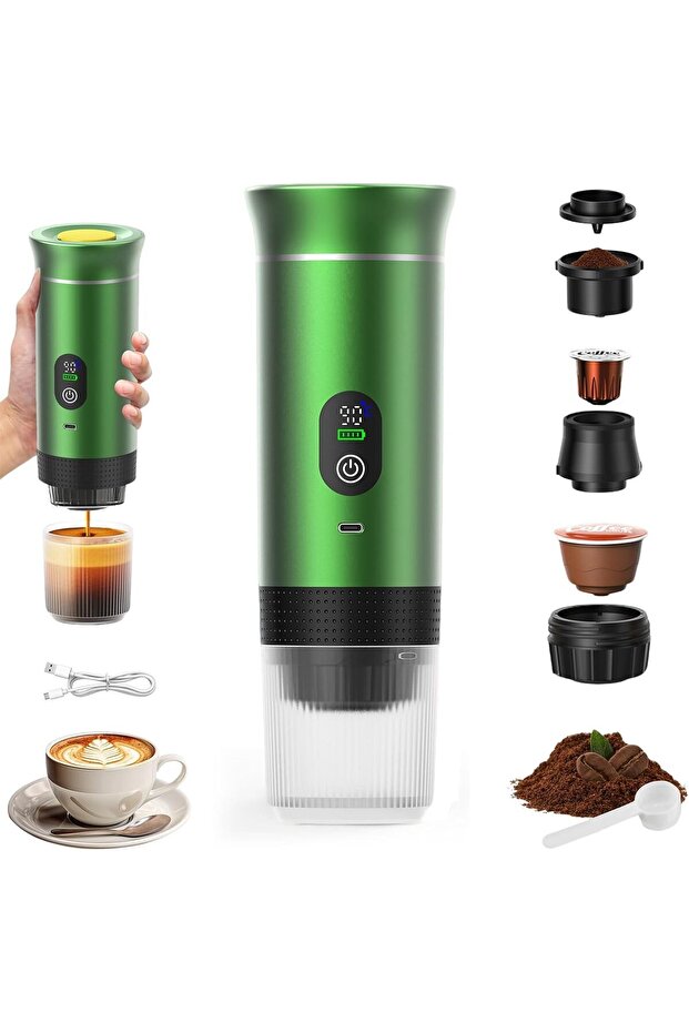 3-in-1 Portable Rechargeable Coffee Maker, 12V Capsule Brewer, 20-25 h Battery, Upgraded Capacity, Green