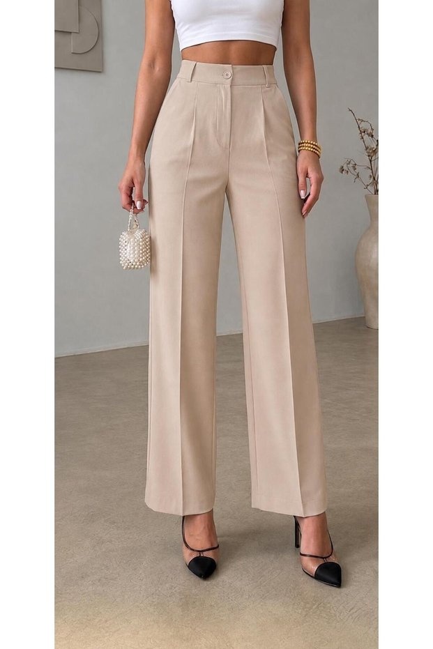 Women's Beige Lycra Button Detailed Pleated Palazzo Pants High Waist Scuba Crepe Wide Leg Trousers (Promotional Price)