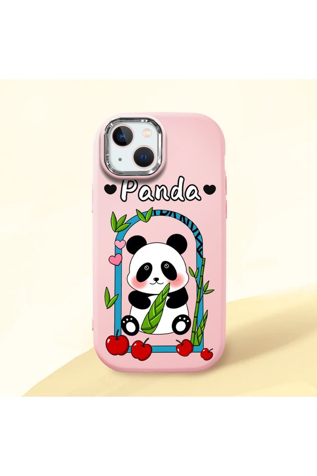 iPhone 13 Compatible Case Camera Protector Pink Silicone Couple Phone Case Panda Pattern