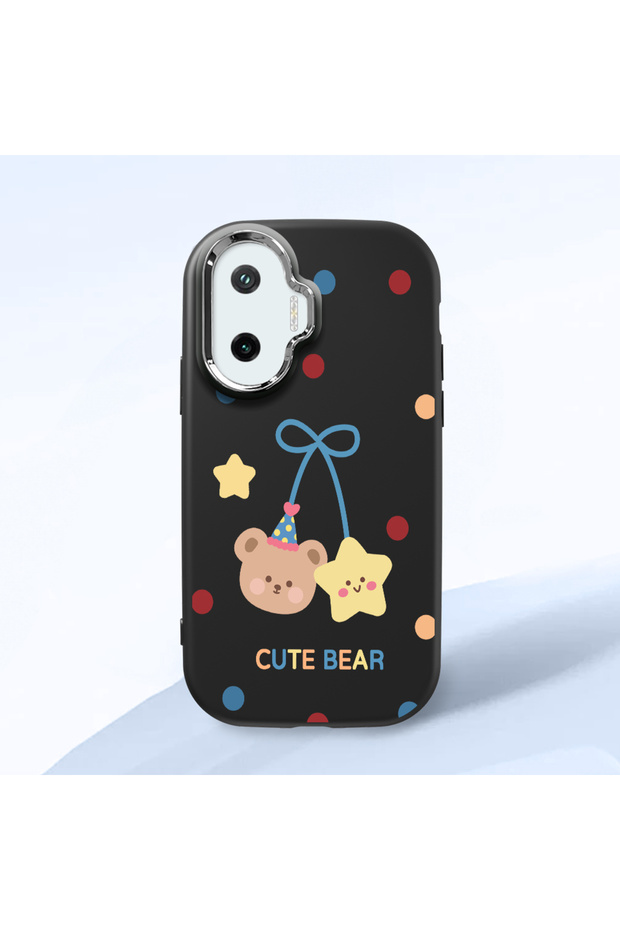 Poco F7 Compatible Case Camera Protector Black Silicone Couple Phone Case Bear Patterned