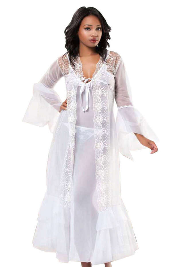 Nhr-Hlss White Lace Robe & Nightgown Set 2-Piece - 1485 - (170436) Size S/M