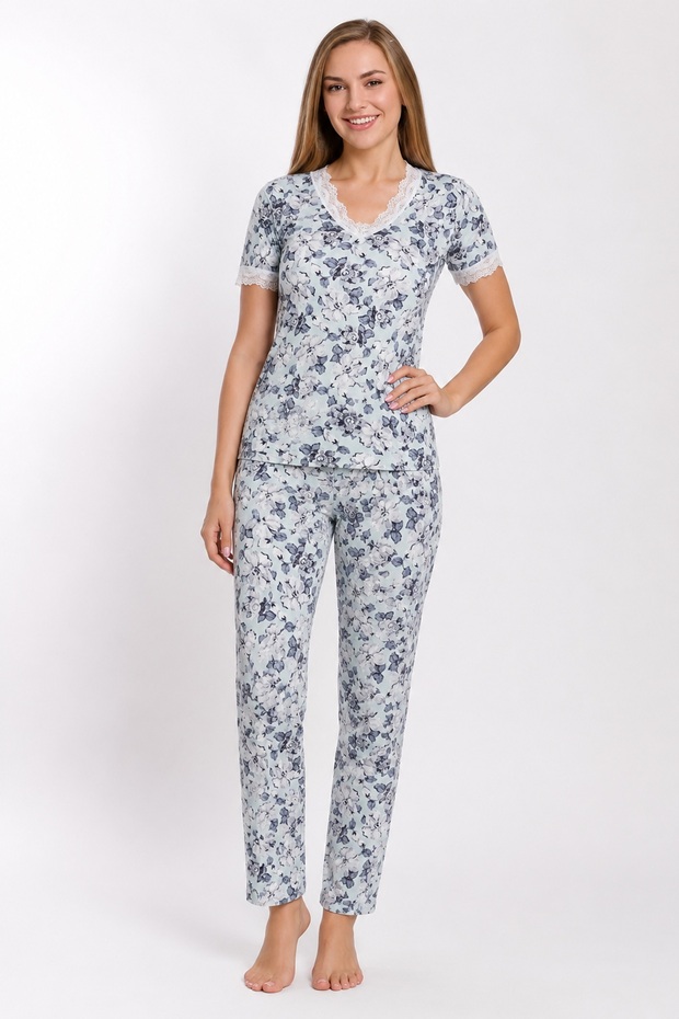 Women's Pajama Set, V-Neck and Lace Sleeves, Mint, 90% Cotton, 10% Lycra