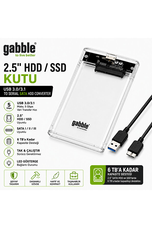صندوق قابل للطي بحجم 2.5 بوصة لمحركات الأقراص الصلبة والـ SSD، USB 3.0/3.1 SATA، صندوق أقراص خارجي شفاف، سرعة 5 جيجابت في الثانية، كابل بطول 30 سم