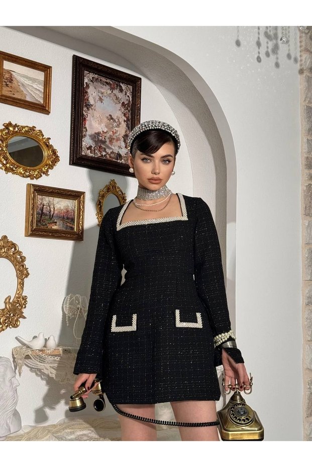 Women's Black Mini Dress Square Collar Pearl Detailed Long Sleeve Chanel Textured Pocket Cover