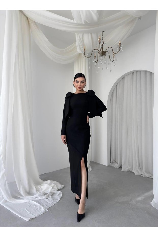 Women's Black Midi Dress with Crew Neck, Bow Detail on the Shoulder and Slit