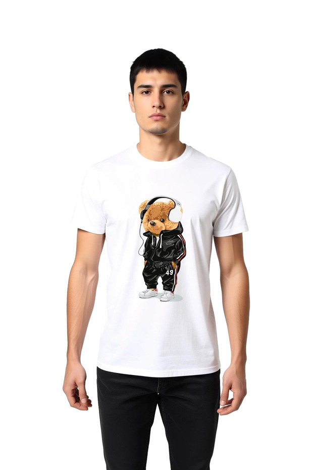 Men's Graphic Printed Teddy Bear Character T-Shirt with Headphones Sporty Style Relaxed Fit Casual Modern