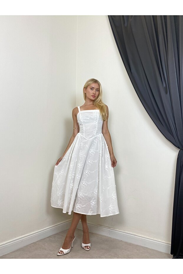 Women's White Strappy Square Neck Embroidered Midi A-Line Woven Dress